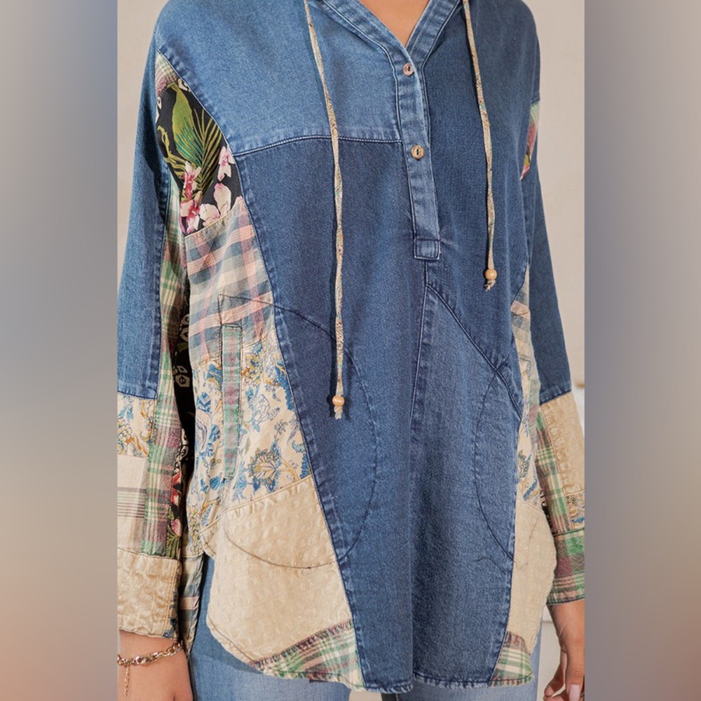 #199 🌸New! Boho Patched Denim Poncho Jacket Top - Picture 5 of 6